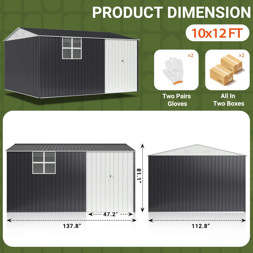 10x12 FT Outdoor Metal Storage Shed with Windows
