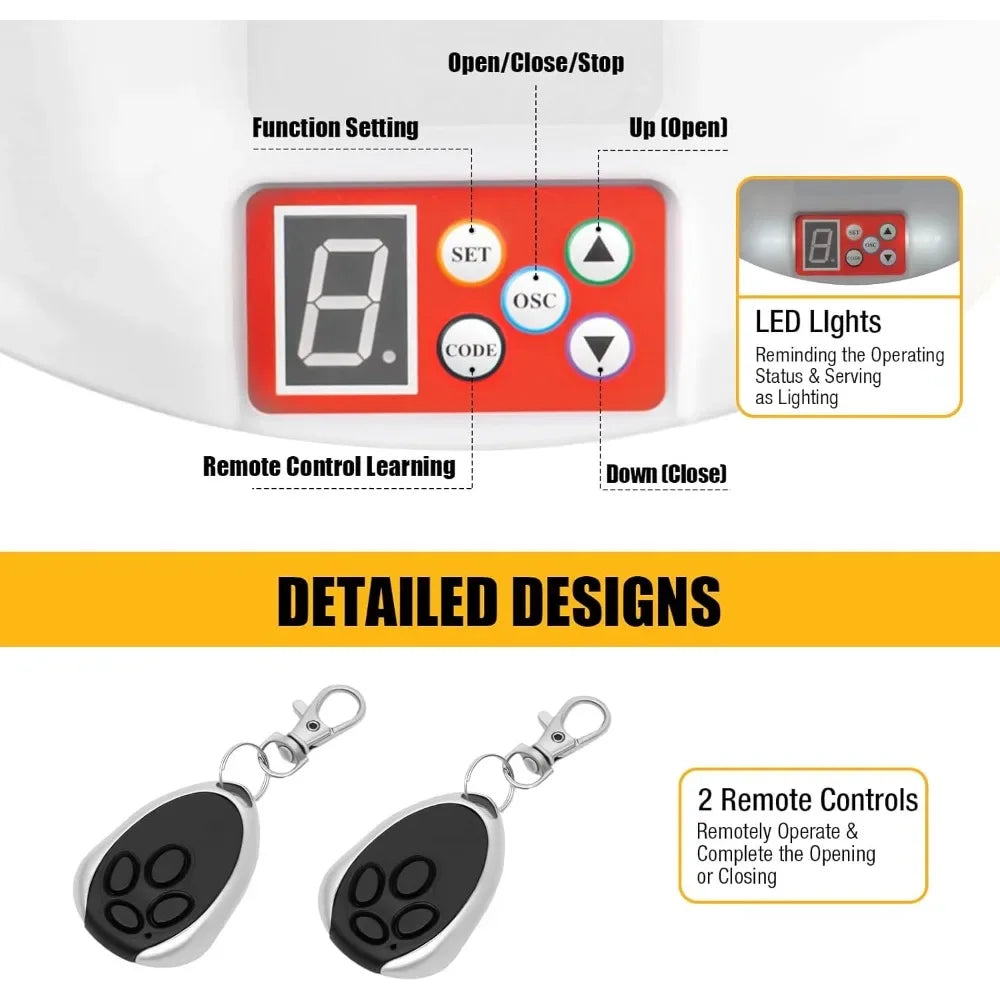 2 Remotes and LED Light Automatic Wall Mount Roll Up Garage Doors Opener,