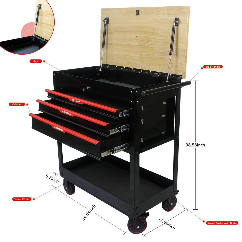 Rolling Tool Cart With 3 Drawer Adjustable