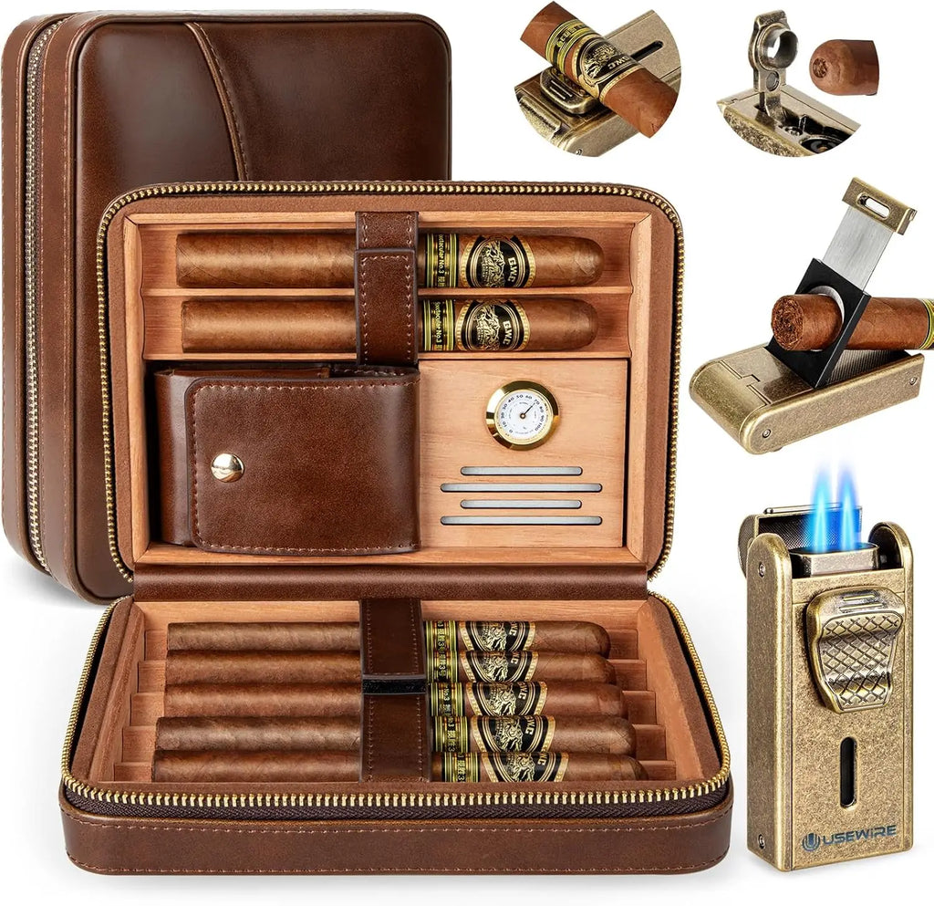 Leather Cigar Humidor with Cigar Lighter