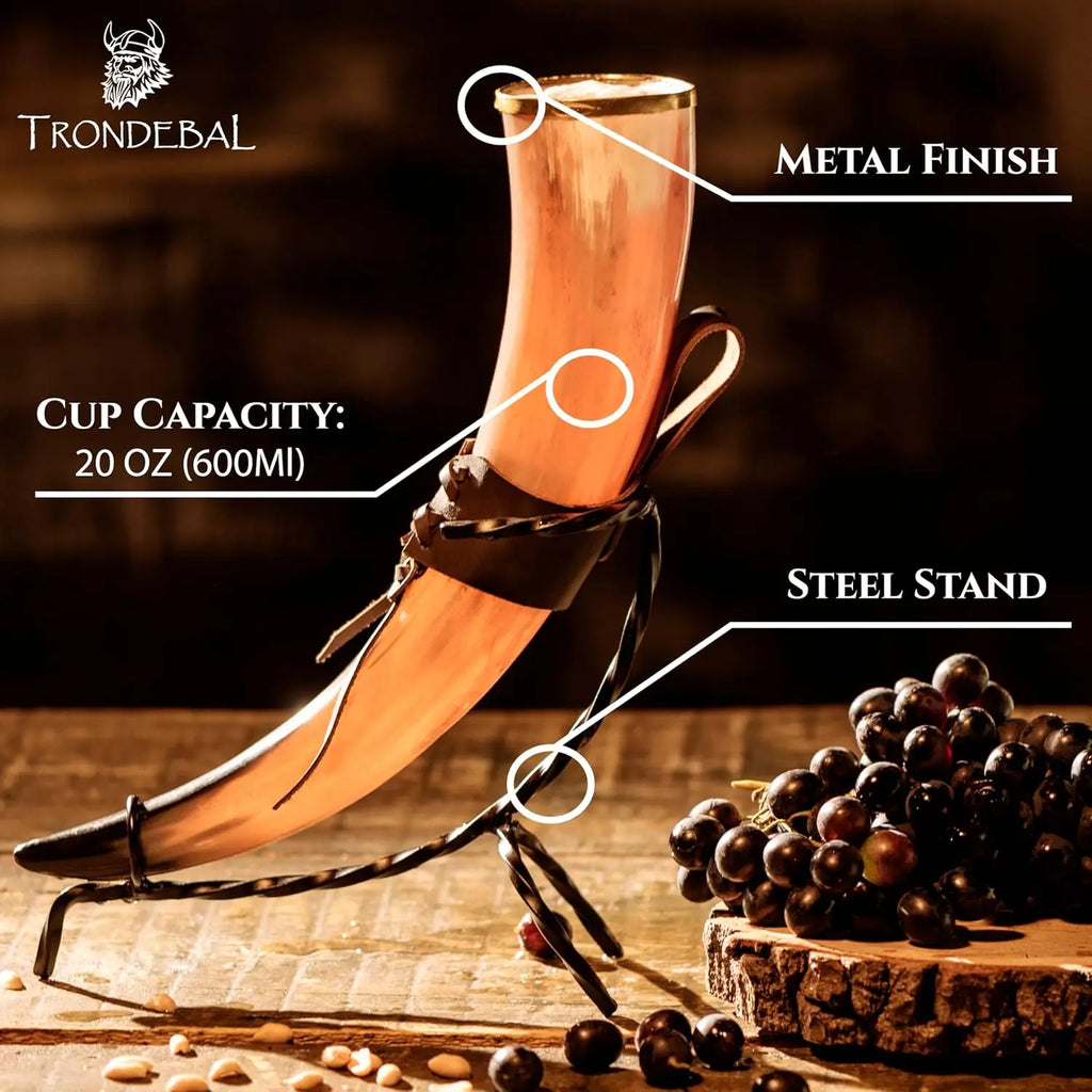 Hand-Crafted Ox Horn Drinking Cup with Metal Stand
