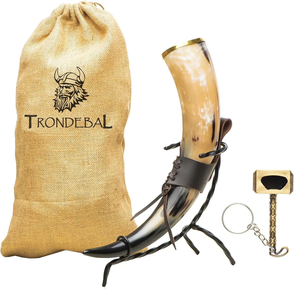 Hand-Crafted Ox Horn Drinking Cup with Metal Stand