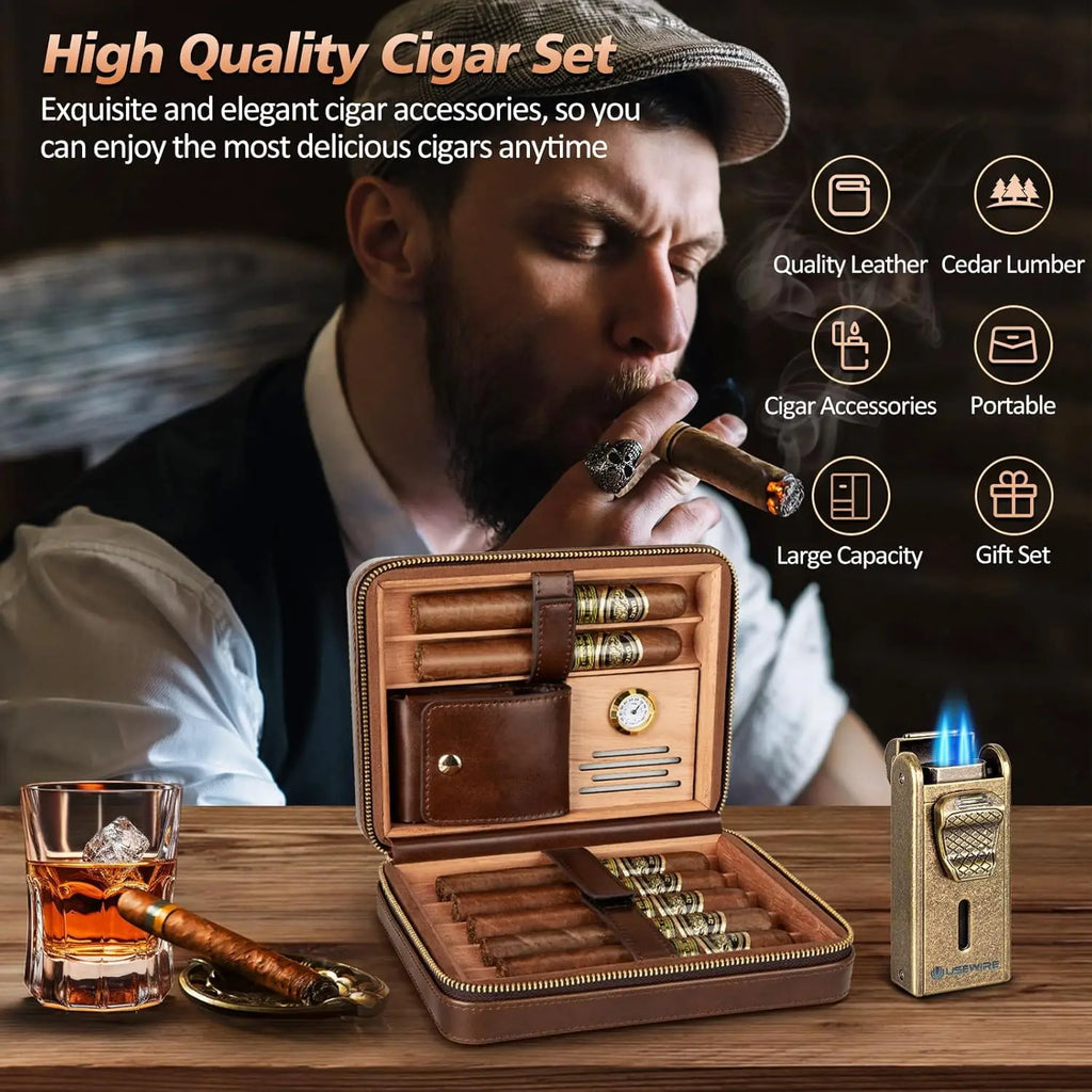 Leather Cigar Humidor with Cigar Lighter