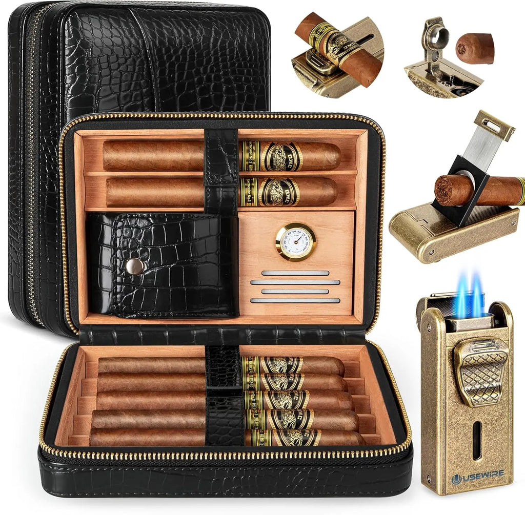 Leather Cigar Humidor with Cigar Lighter