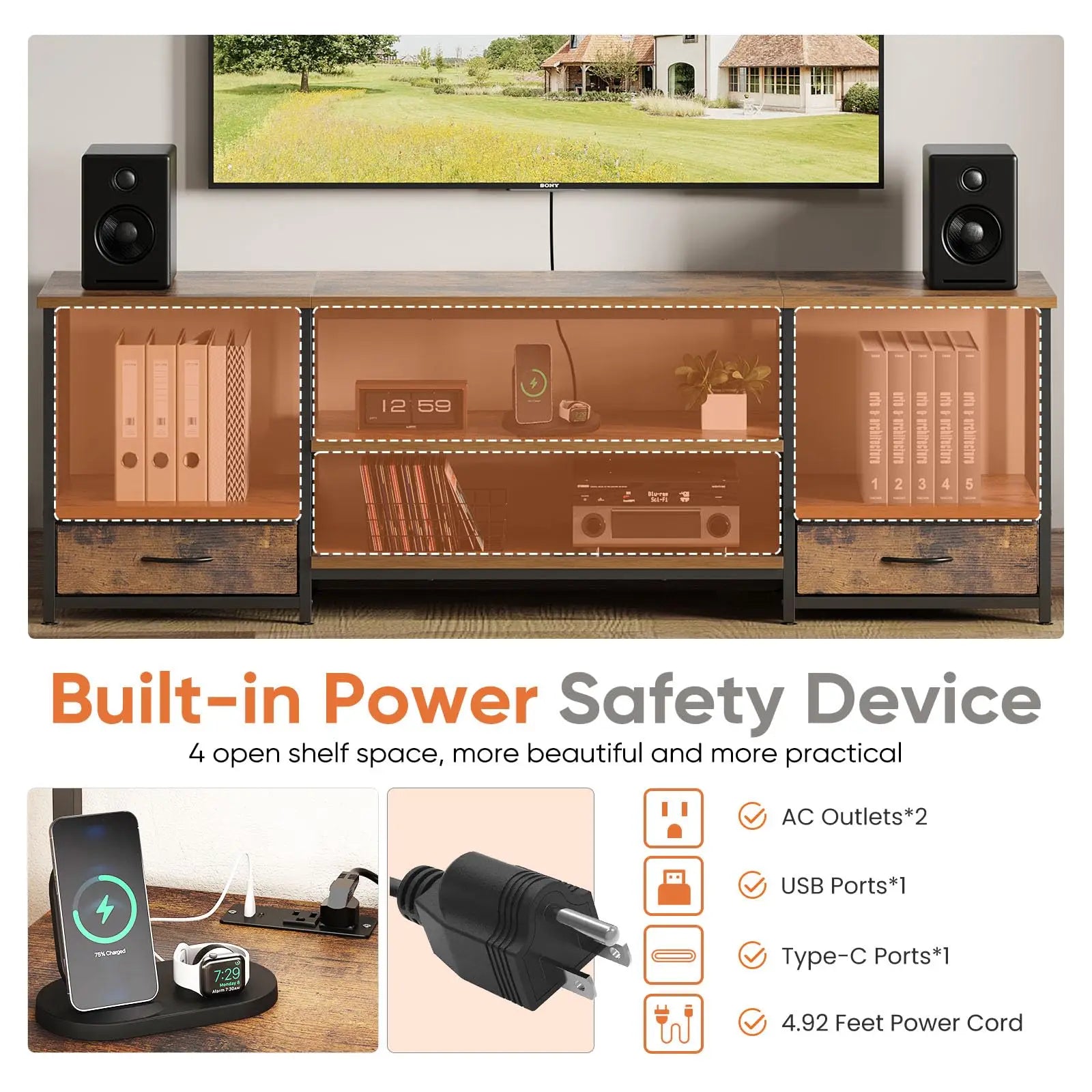 63IN Wooden Tv Stand For Up To 75 Inch TV