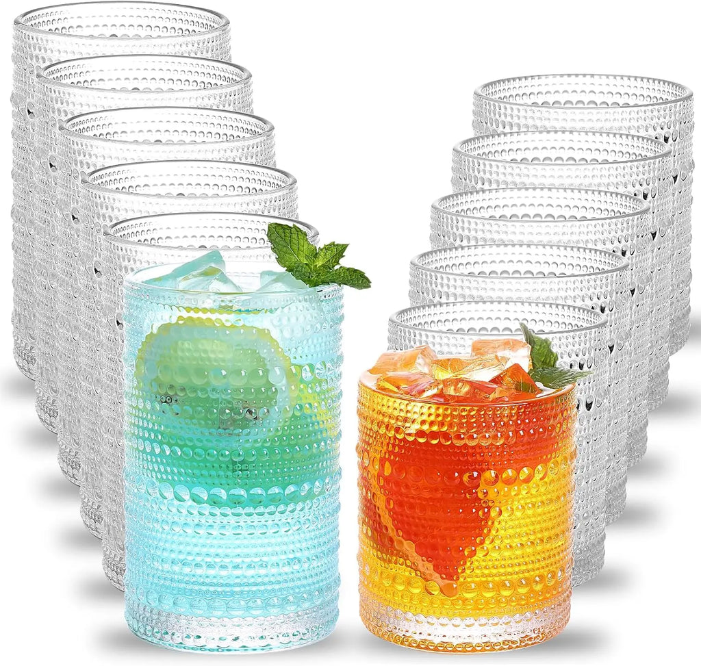 Set of 12 Clear Embossed Boho Glass Cups
