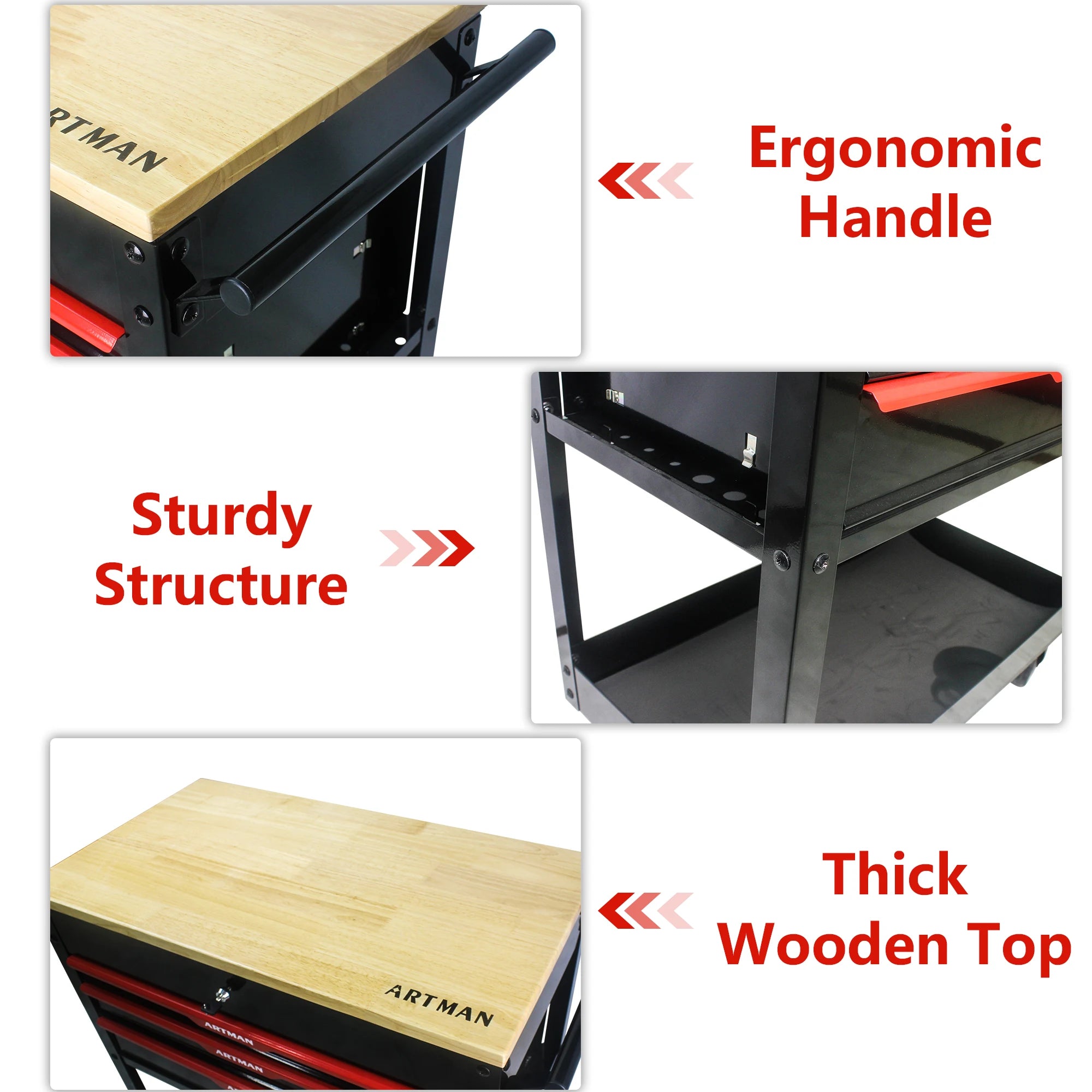 Rolling Tool Cart With 3 Drawer Adjustable