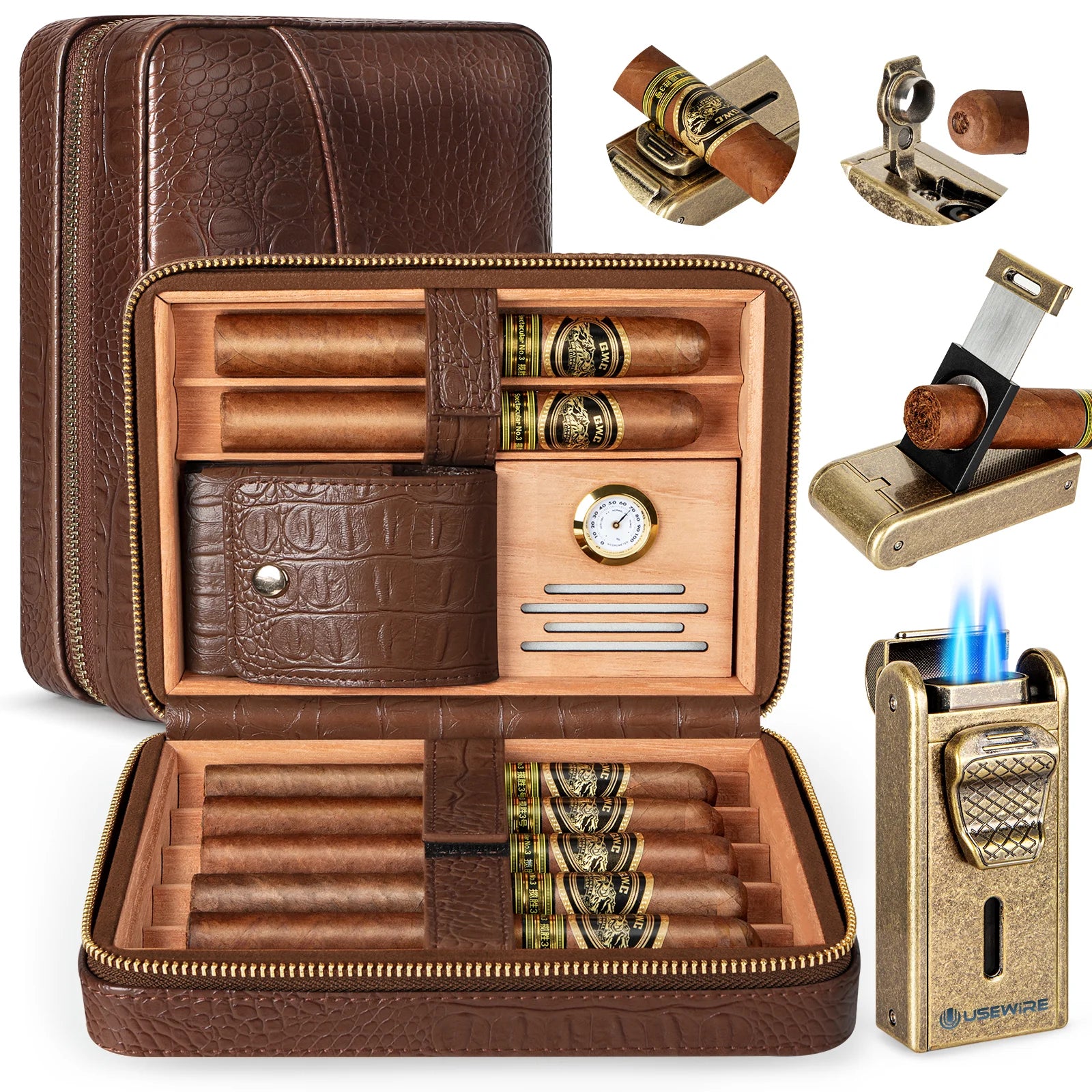 Leather Cigar Humidor with Cigar Lighter