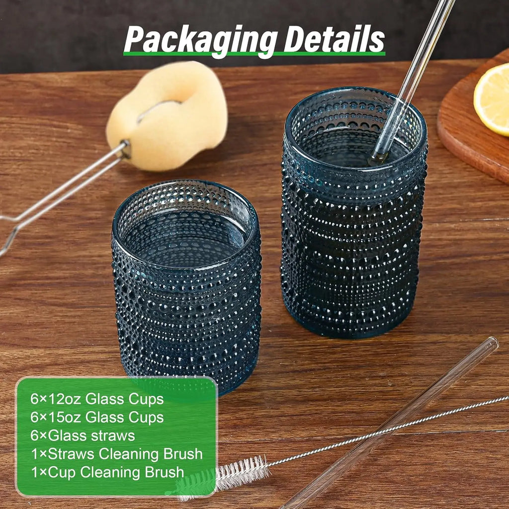 Vintage Blue Hobnail Glass Drinking Glasses Set of 12