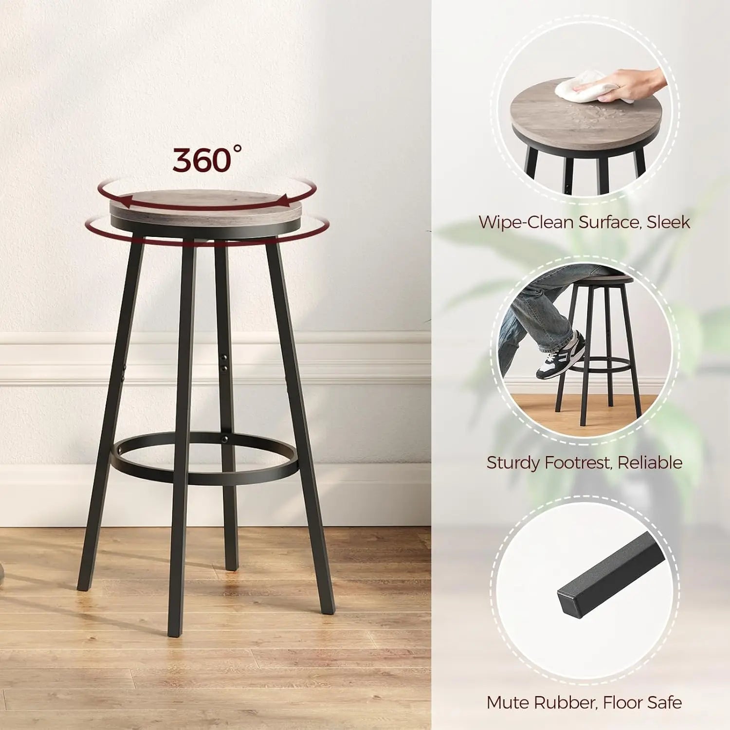 Set of 2 Swivel Bar Stools with Footrest